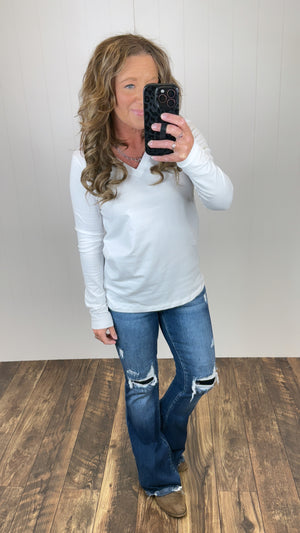 White Basic Cotton Vneck Long Sleeve Tee (SM-3X)