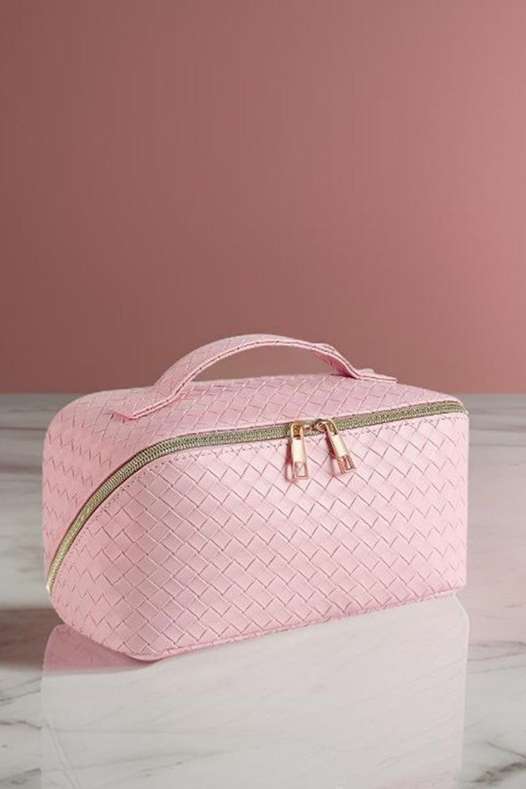 Pink Woven Squared Open Flat Makeup Bag