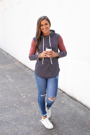 Black Striped Mauve Cowl Neck Hoodie (SM-XL)