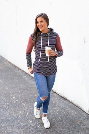 Black Striped Mauve Cowl Neck Hoodie (SM-XL)