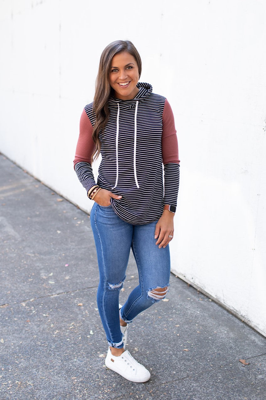 Black Striped Mauve Cowl Neck Hoodie (SM-XL)