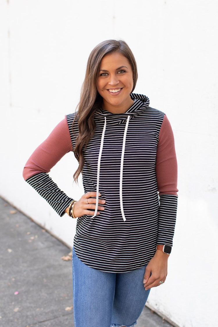 Black Striped Mauve Cowl Neck Hoodie (SM-XL)