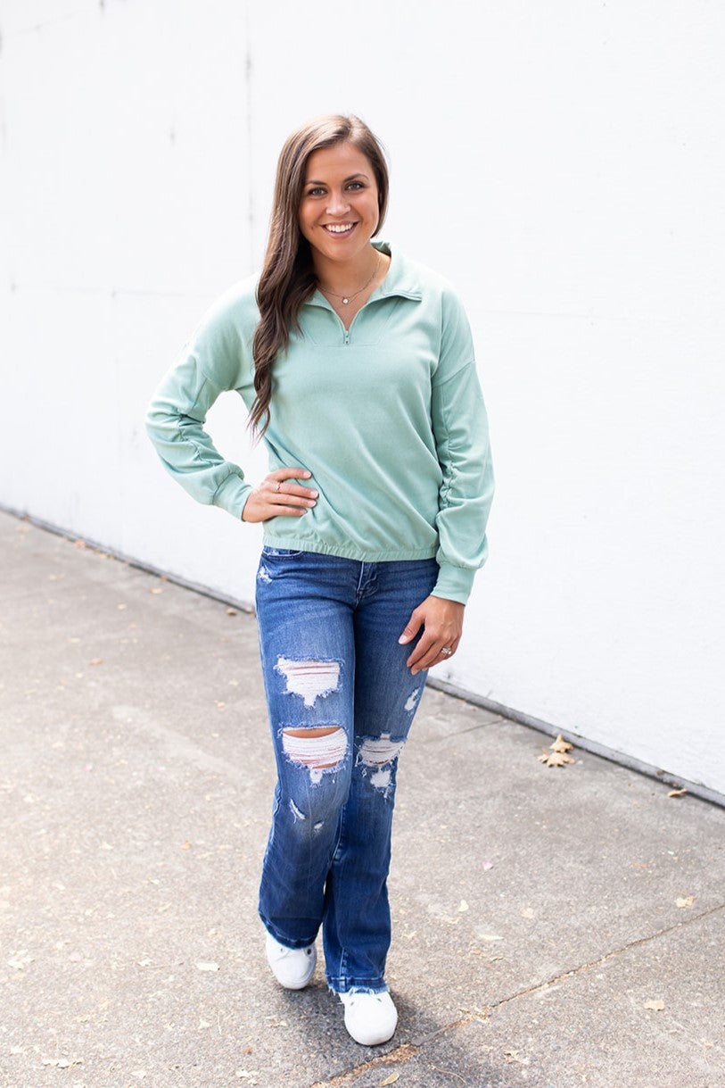 Warm Sage Dolman 1/2 Zip Pullover Sweatshirt (SM-3X)