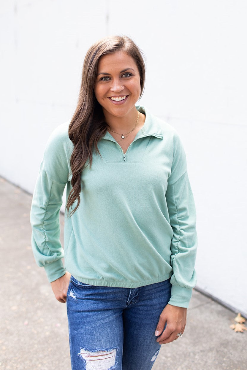 Warm Sage Dolman 1/2 Zip Pullover Sweatshirt (SM-3X)