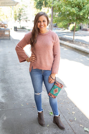 Brick Zig Zag Fuzzy Bell Sleeve Sweater