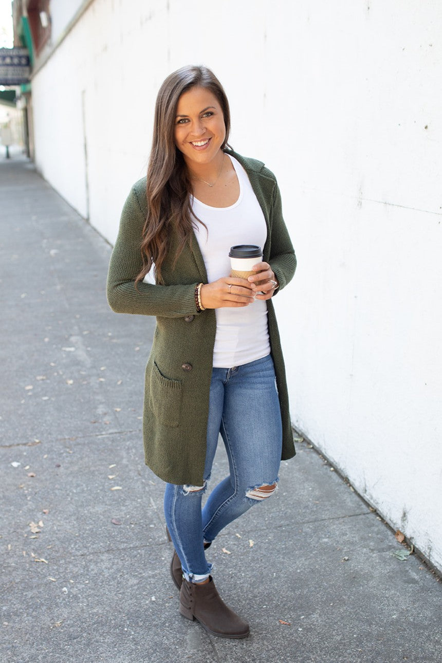 Olive Green Long Sweater Jacket (SM-2X)