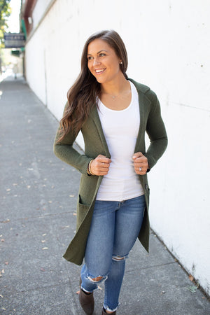 Olive Green Long Sweater Jacket (SM-2X)