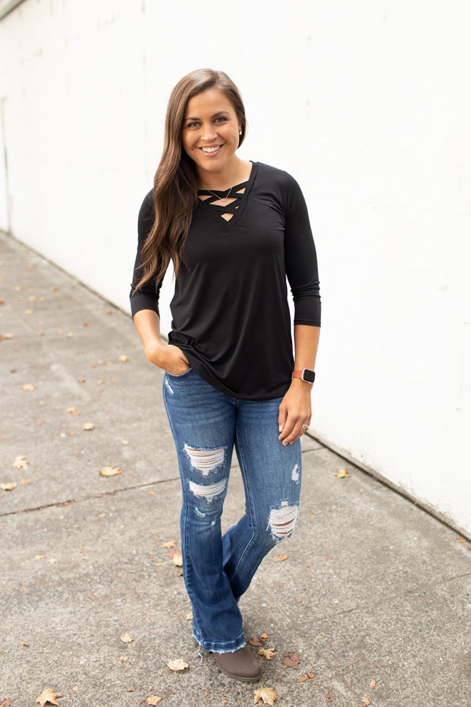 Black Crisscross Chest 3/4 Sleeve Top