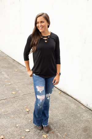 Black Crisscross Chest 3/4 Sleeve Top