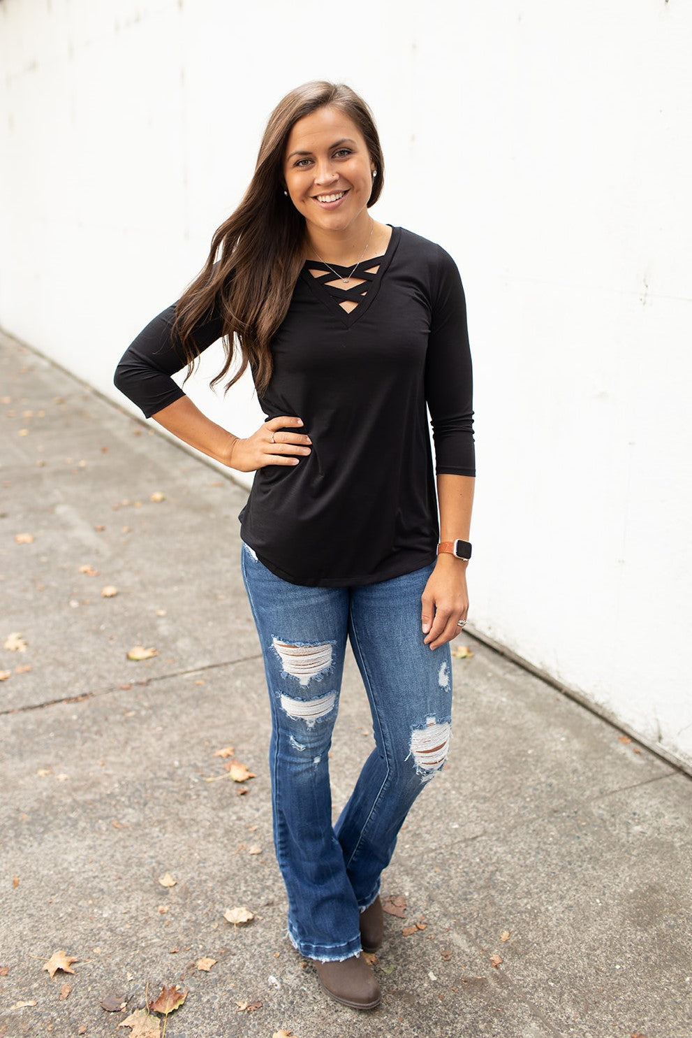 Black Crisscross Chest 3/4 Sleeve Top