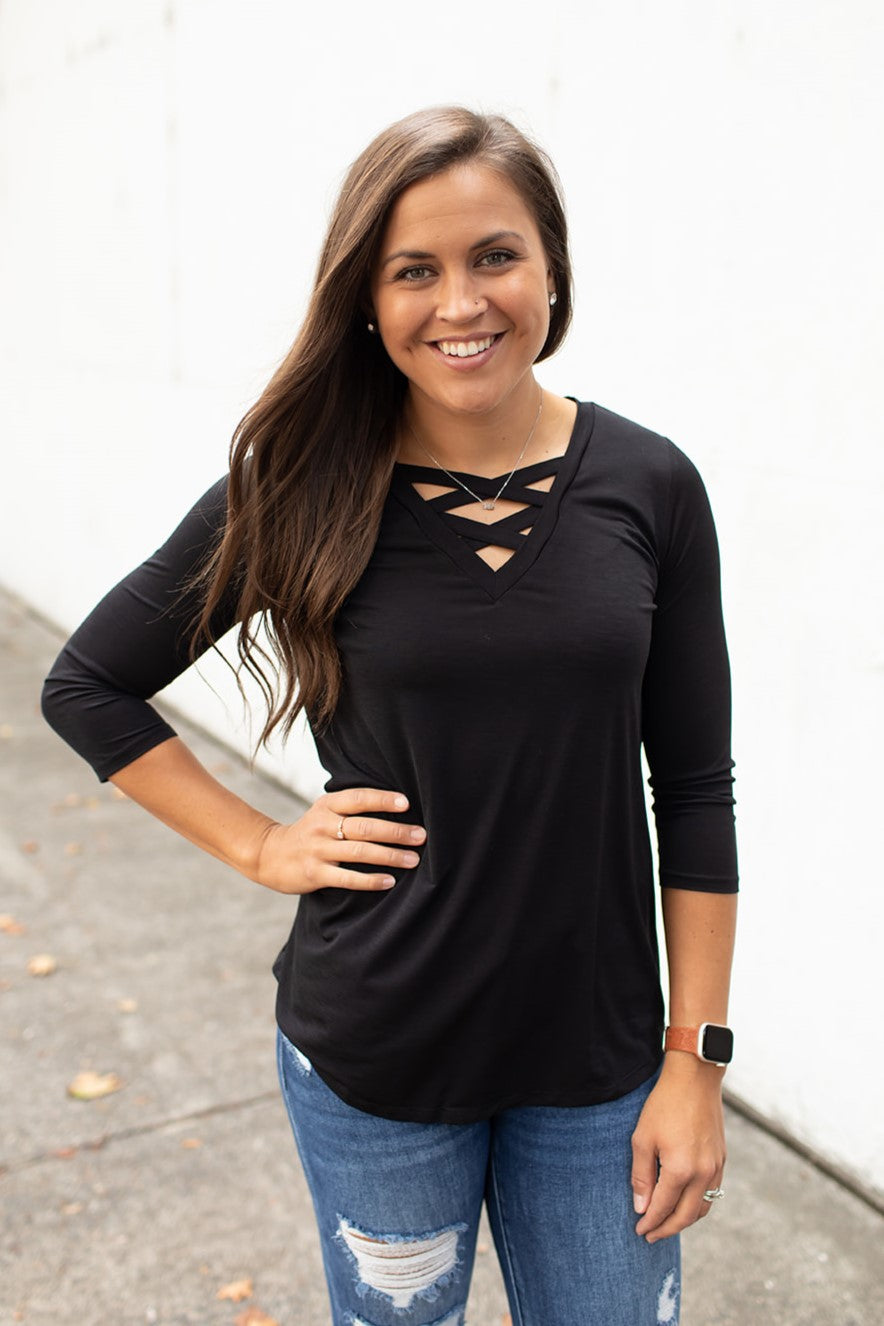 Black Crisscross Chest 3/4 Sleeve Top