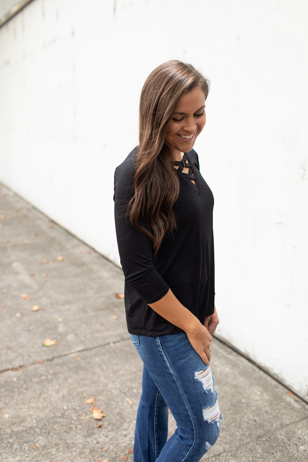 Black Crisscross Chest 3/4 Sleeve Top