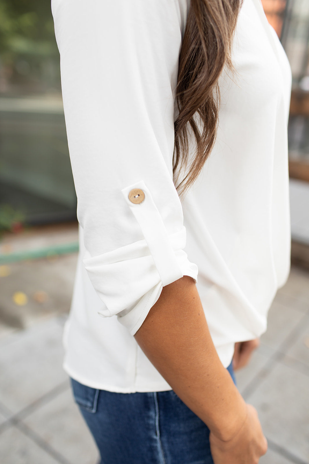 White Crossover Roll Tab Blouse