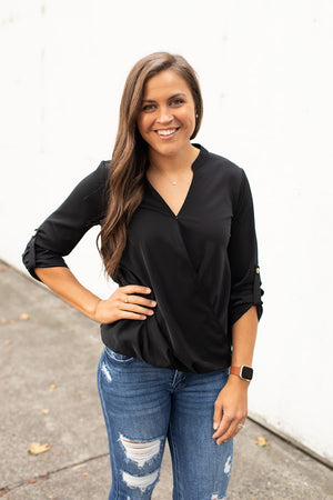 Black Crossover Roll Tab Blouse