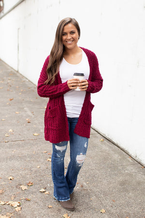 Burgundy Ribbed Popcorn Pocket Cardigan