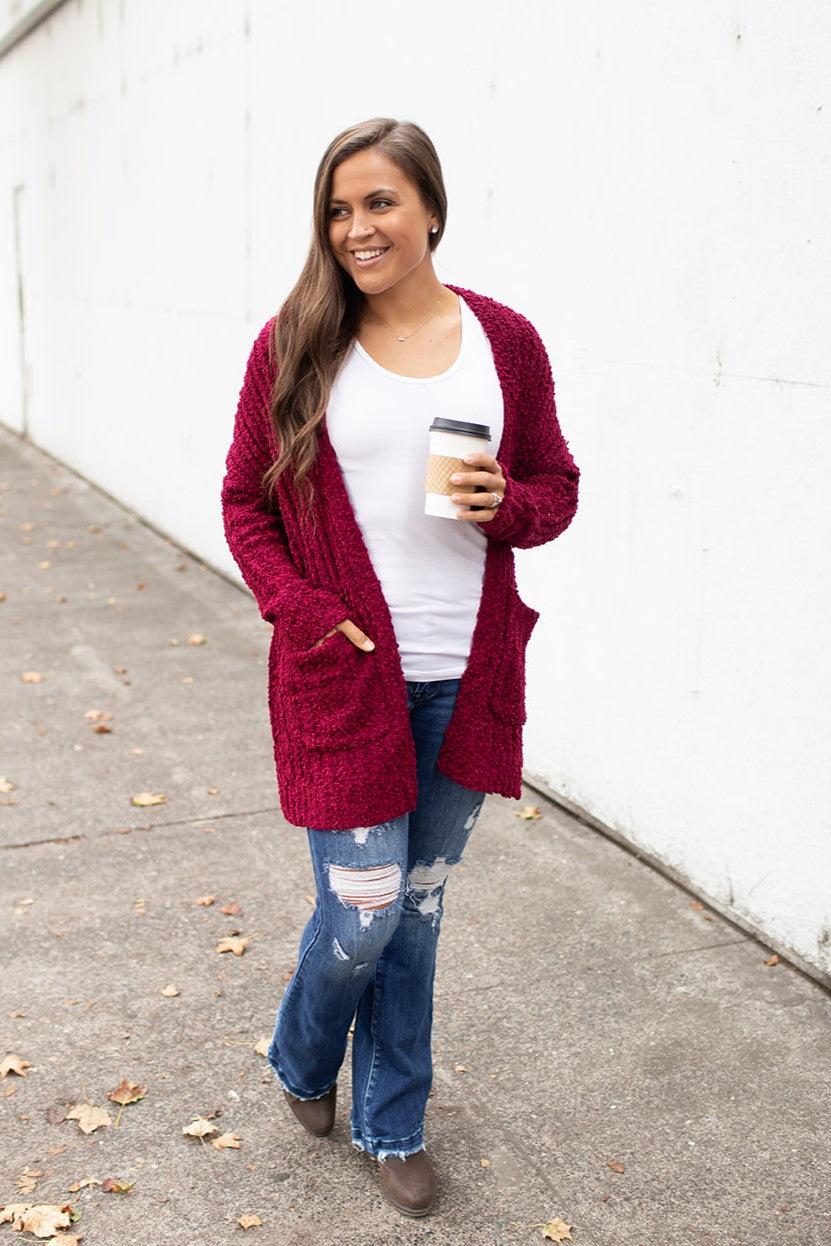 Burgundy Ribbed Popcorn Pocket Cardigan