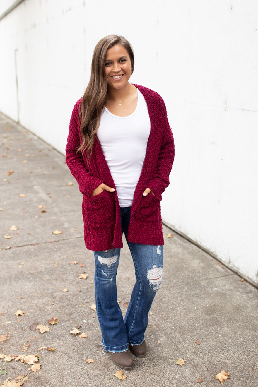 Burgundy Ribbed Popcorn Pocket Cardigan