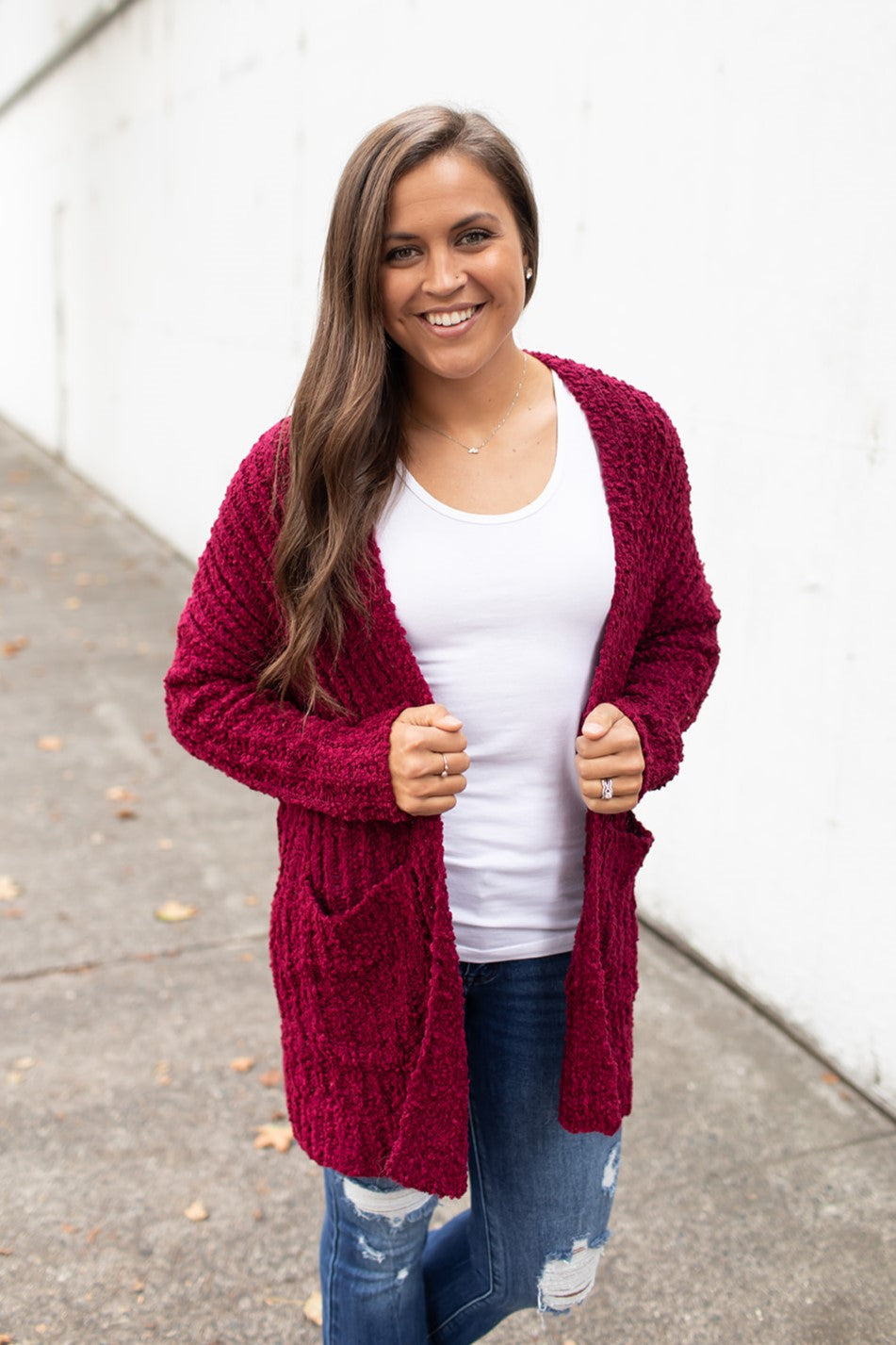 Burgundy Ribbed Popcorn Pocket Cardigan