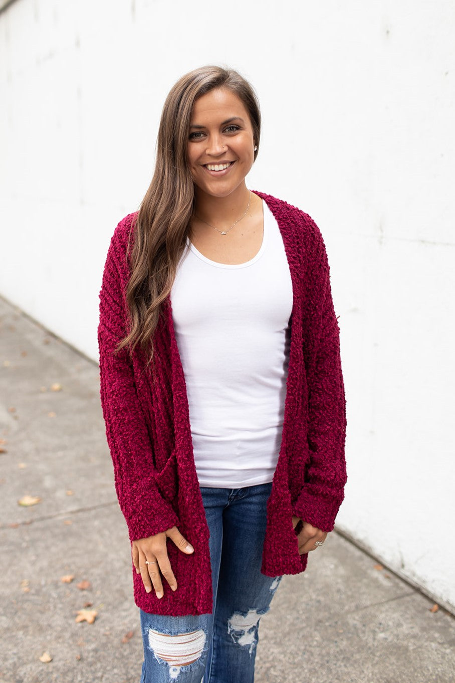 Burgundy Ribbed Popcorn Pocket Cardigan