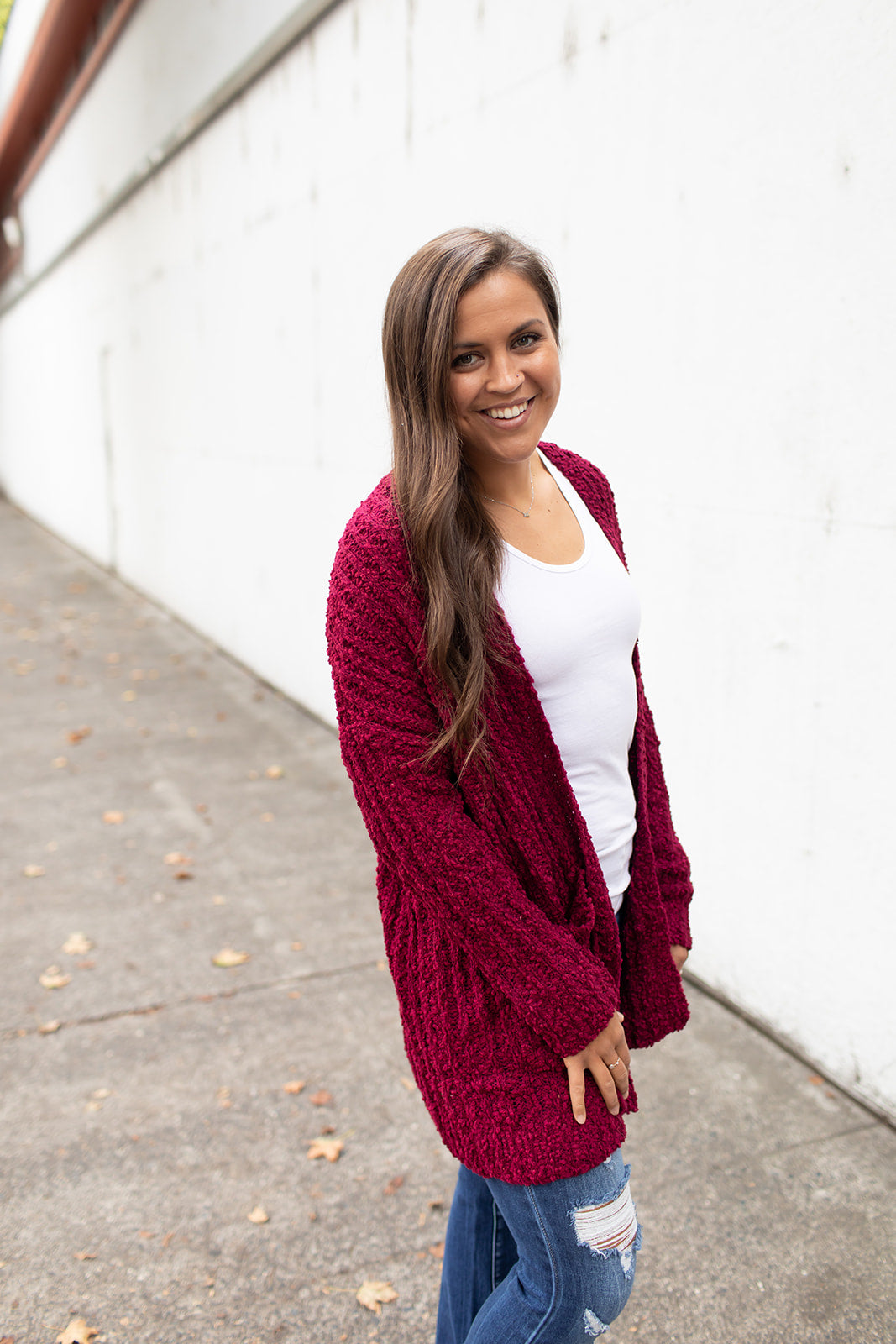 Burgundy Ribbed Popcorn Pocket Cardigan