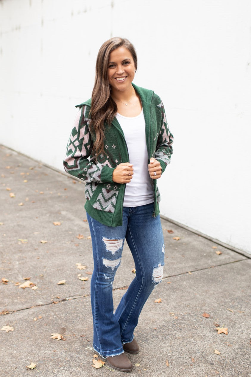 Green Aztec Zip Up Sweater Jacket