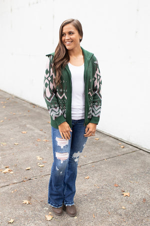 Green Aztec Zip Up Sweater Jacket