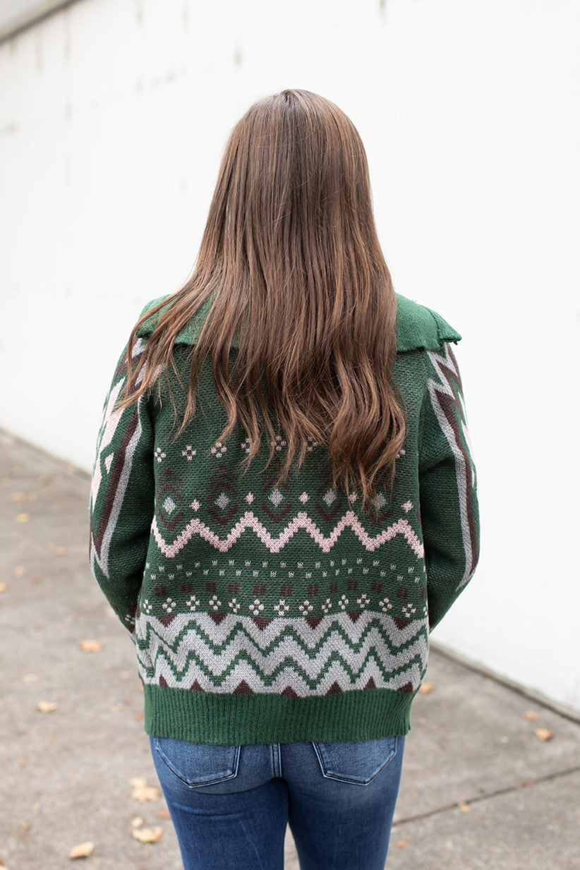 Green Aztec Zip Up Sweater Jacket