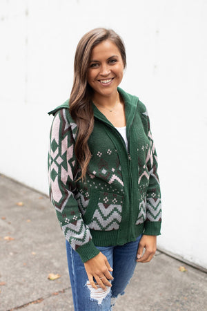 Green Aztec Zip Up Sweater Jacket