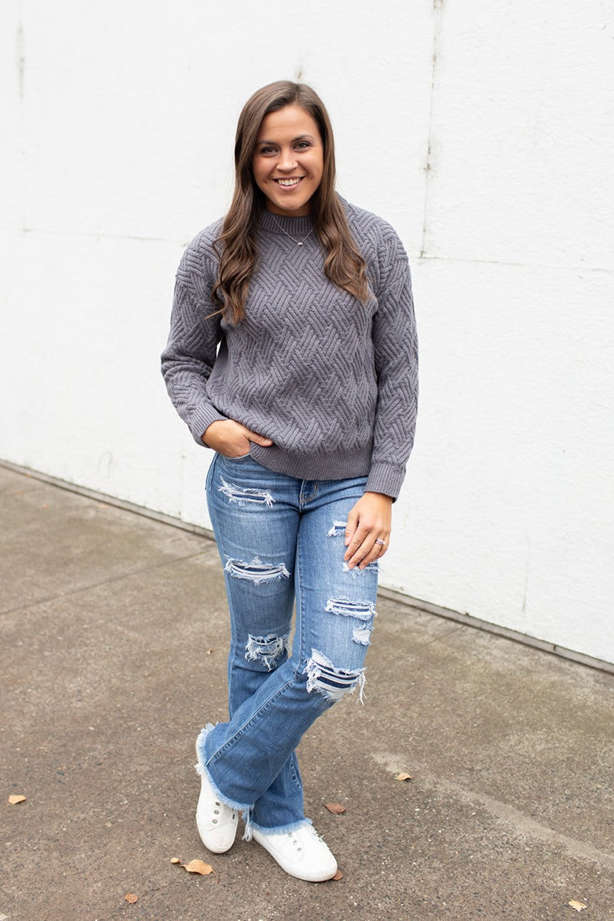 Gray Crisscross Knit Chunky Sweater (SM-XL)