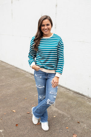 Teal & Cream Striped Pullover LS (SM-XL)