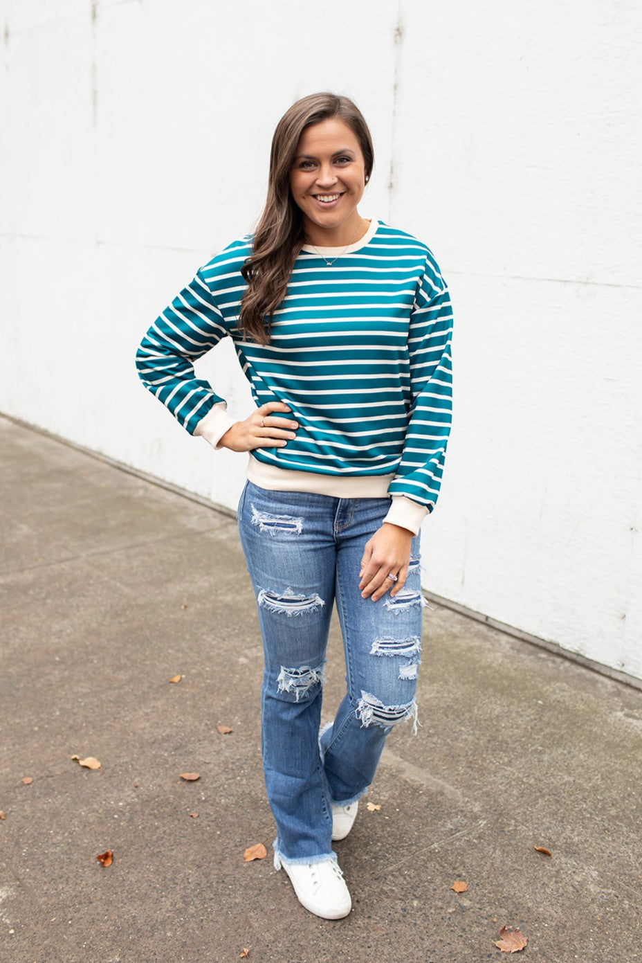 Teal & Cream Striped Pullover LS (SM-XL)