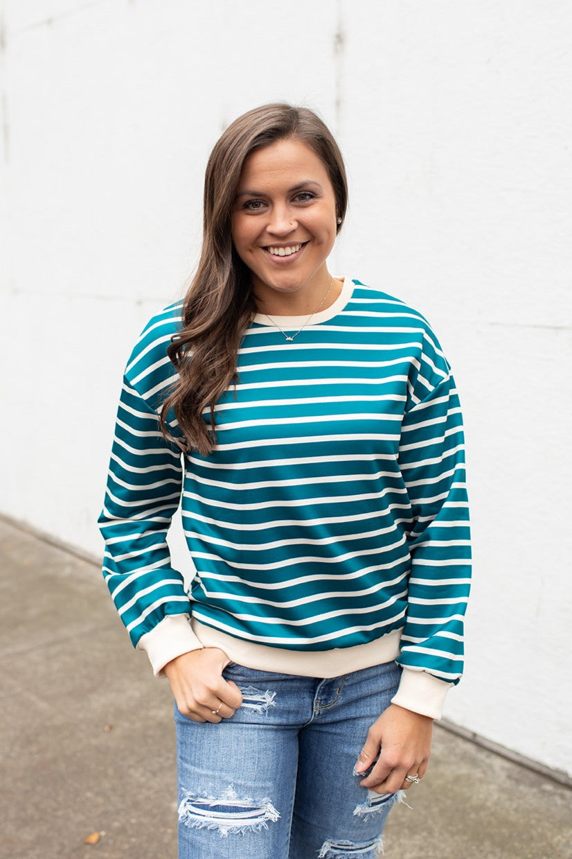 Teal & Cream Striped Pullover LS (SM-XL)