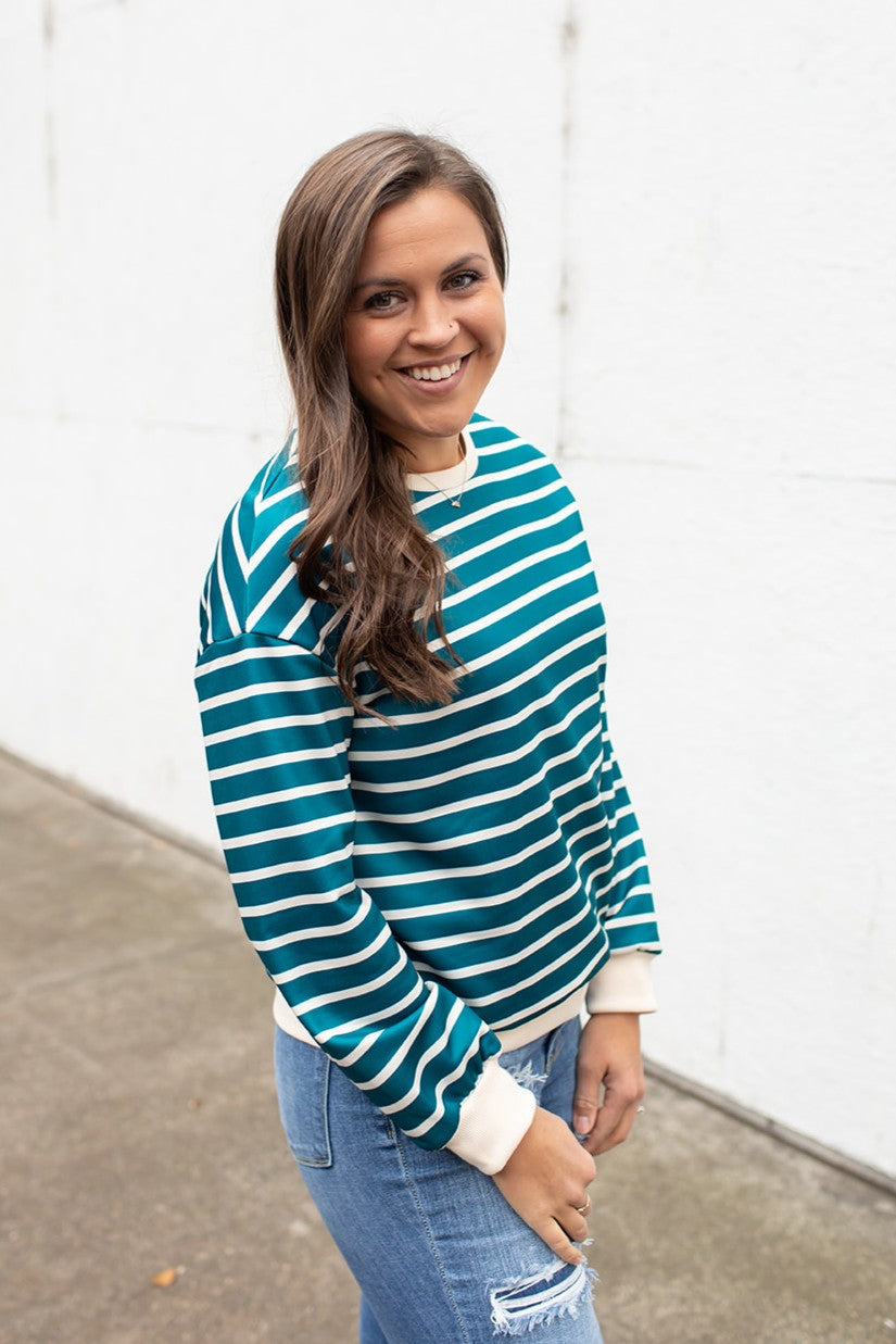 Teal & Cream Striped Pullover LS (SM-XL)