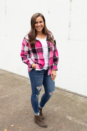 Pink Black Plaid Button Up Flannel Shacket (SM-2X)