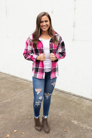 Pink Black Plaid Button Up Flannel Shacket (SM-2X)