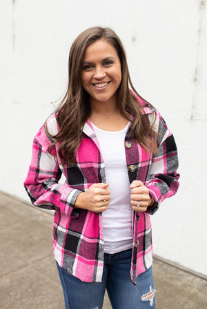 Pink Black Plaid Button Up Flannel Shacket (SM-2X)