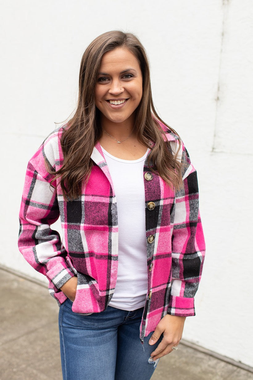 Pink Black Plaid Button Up Flannel Shacket (SM-2X)