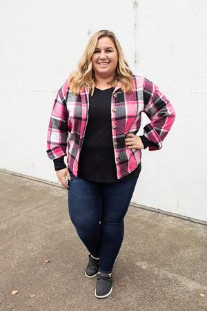 Pink Black Plaid Button Up Flannel Shacket (SM-2X)