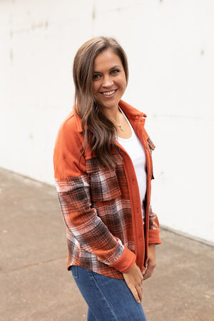 Dk Orange Brown Plaid Fleece & Flannel Shacket (SM-XL)