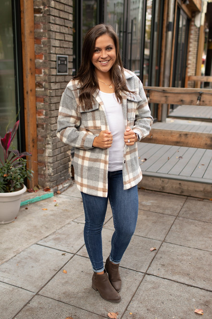 Gray Taupe Plaid Flannel Shacket (SM-2X)