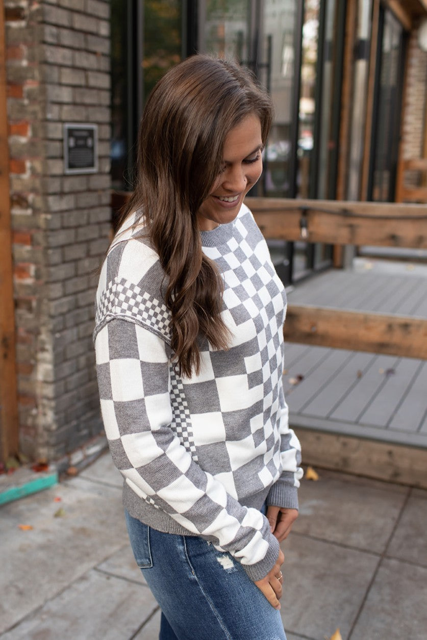 Gray Multi Checkered Pullover Sweater (SM-2X)