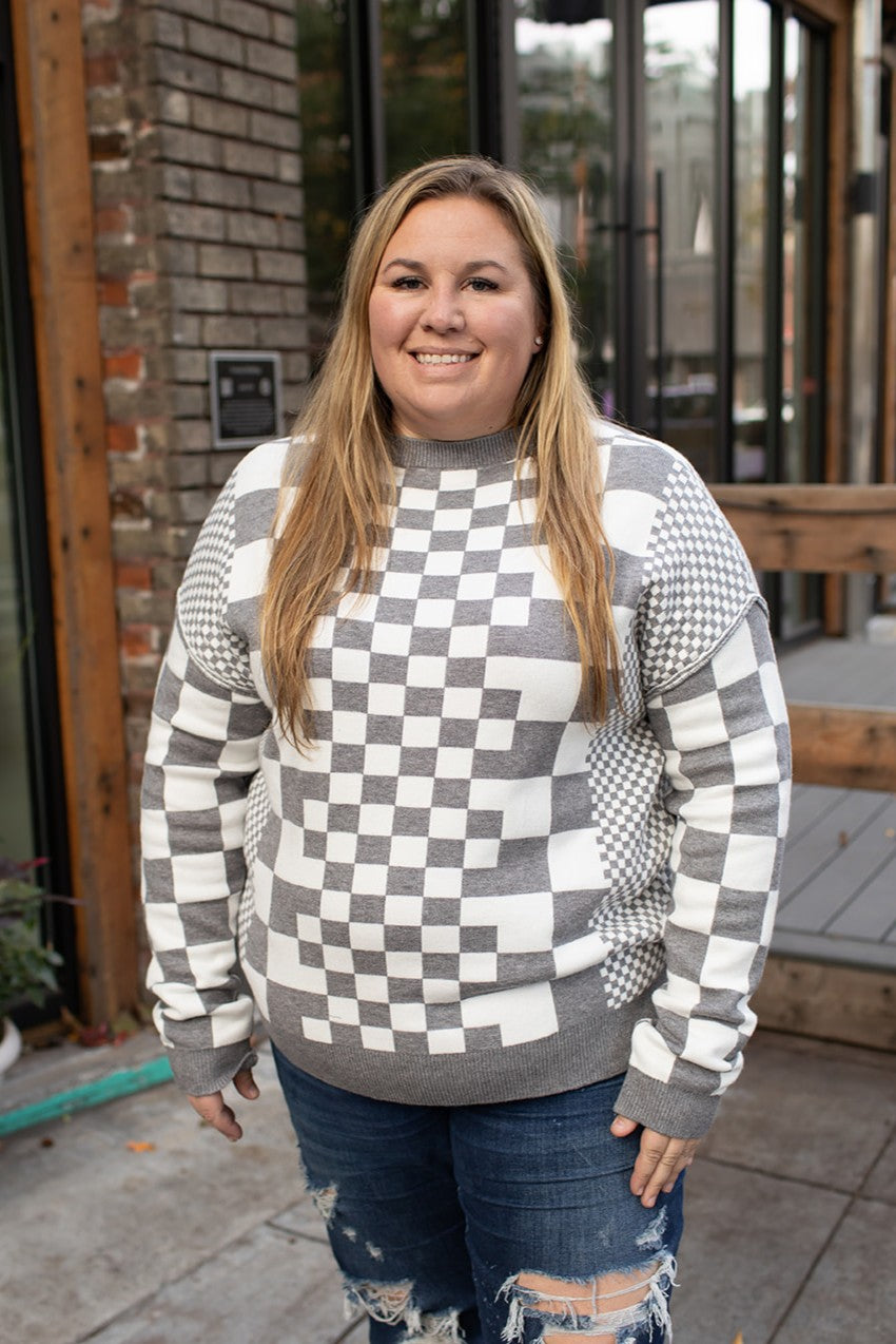 Gray Multi Checkered Pullover Sweater (SM-2X)