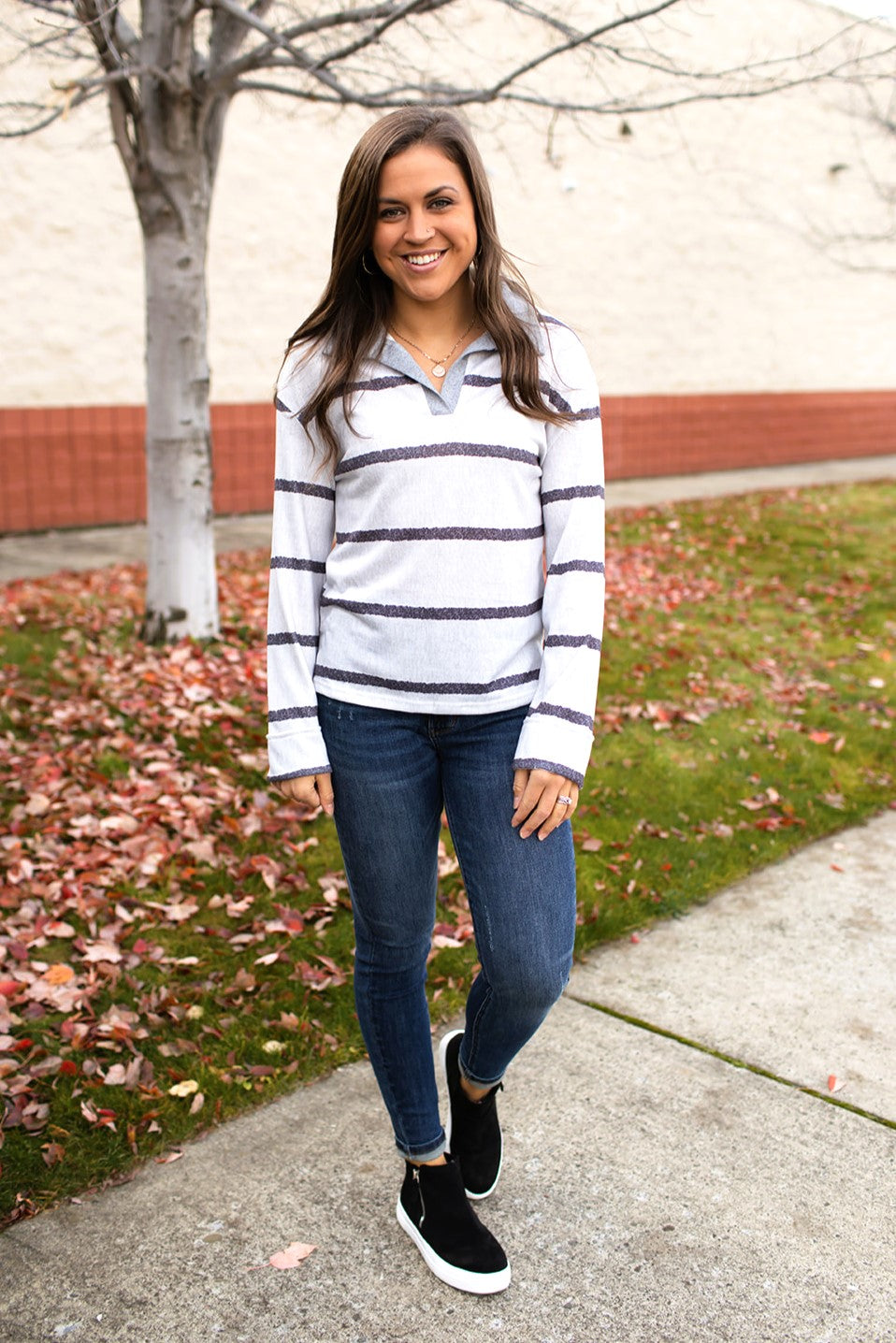 Gray Striped Vneck Collared LS Top (SM-XL)