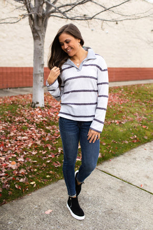 Gray Striped Vneck Collared LS Top (SM-XL)