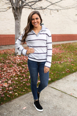 Gray Striped Vneck Collared LS Top (SM-XL)