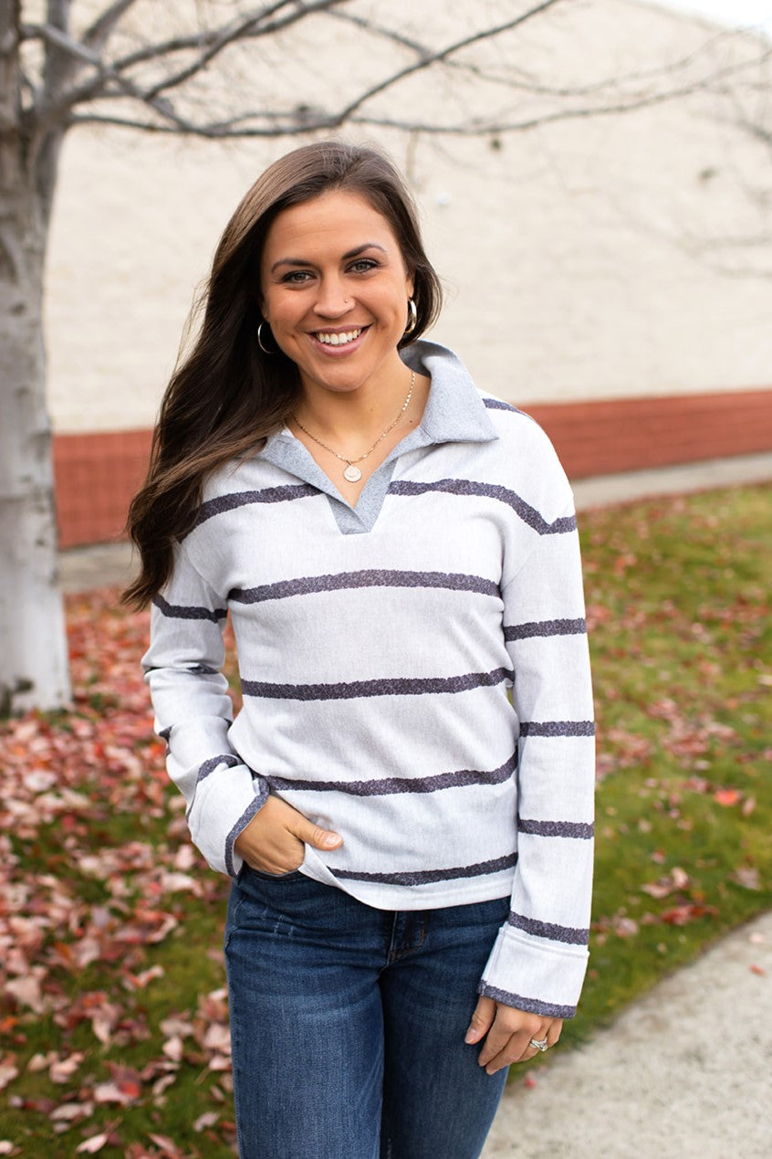 Gray Striped Vneck Collared LS Top (SM-XL)