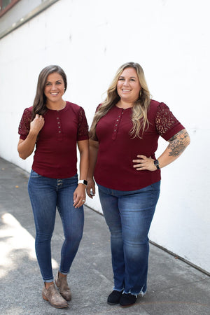 Burgundy Henley Lace SS Top (SM-3X)