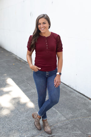 Burgundy Henley Lace SS Top (SM-3X)