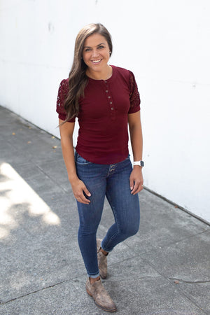 Burgundy Henley Lace SS Top (SM-3X)