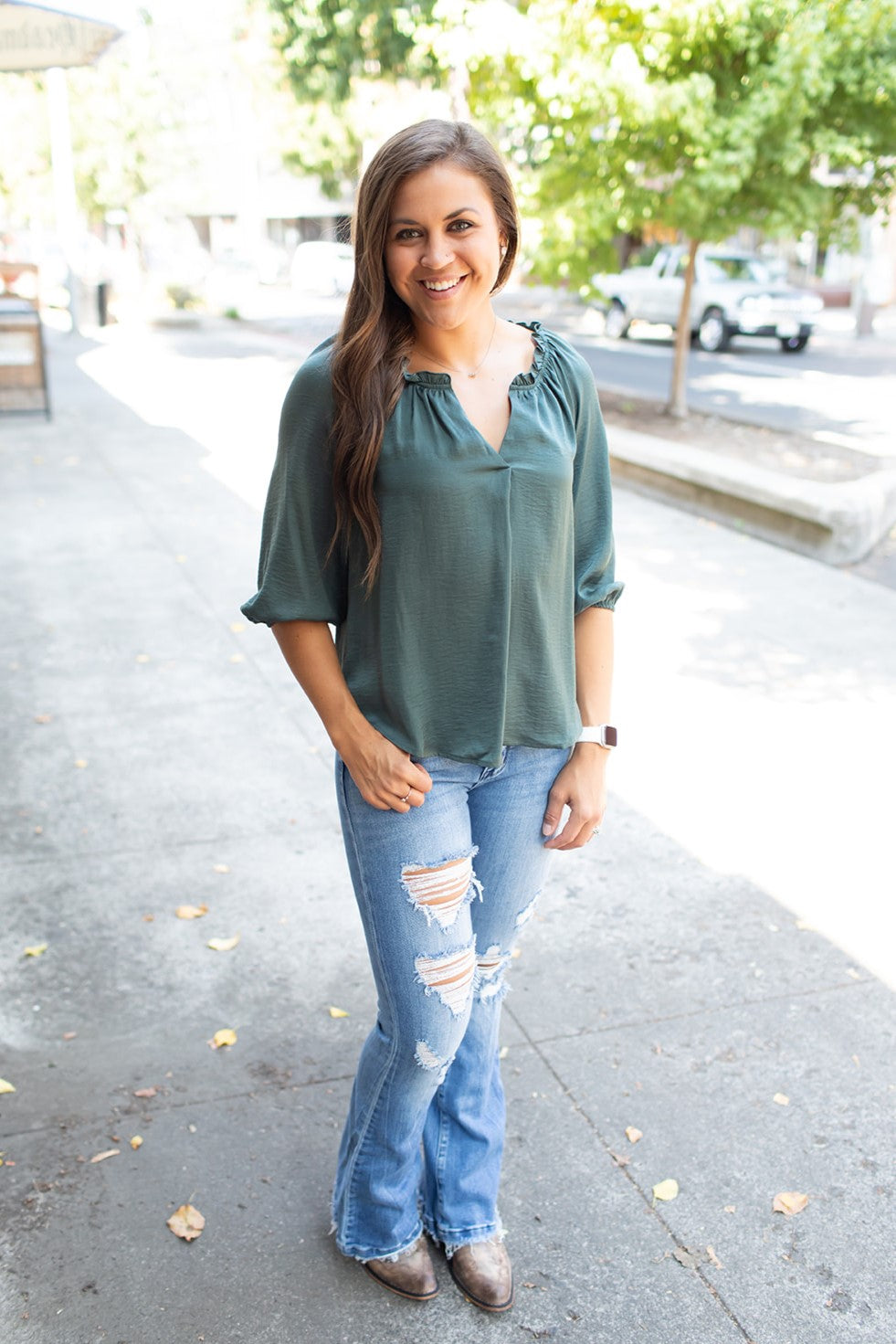 Dk Teal Textured Satin Vneck 3/4 Blouse (SM-3X)